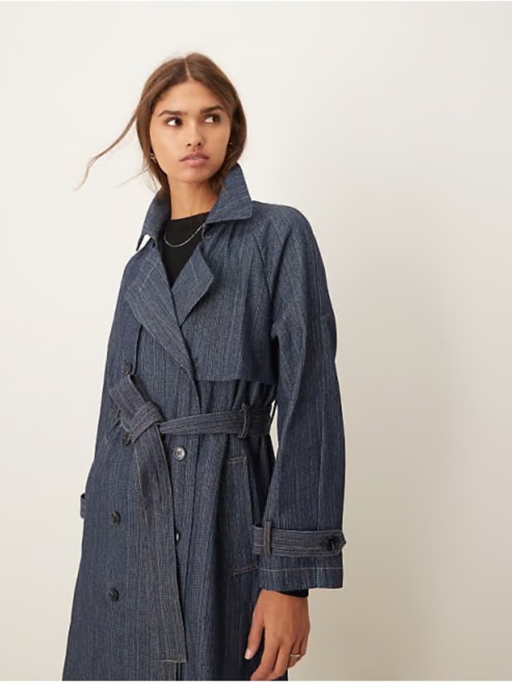 Dark Blue Denim-Style Double-Breasted Trench Coat - Picture 4 of 5